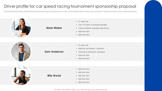 Driver Profile For Car Speed Racing Tournament Sponsorship Proposal Inspiration PDF