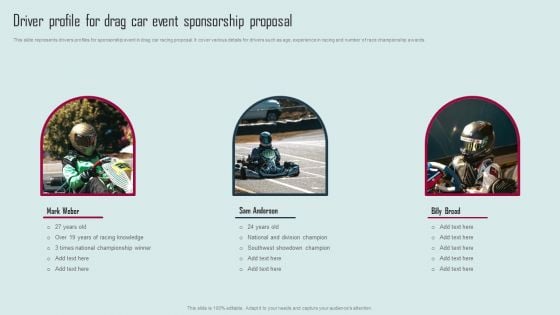 Driver Profile For Drag Car Event Sponsorship Proposal Icons PDF