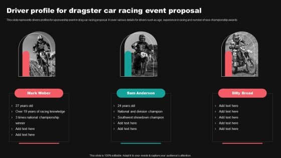 Driver Profile For Dragster Car Racing Event Proposal Ppt Inspiration Graphic Images PDF