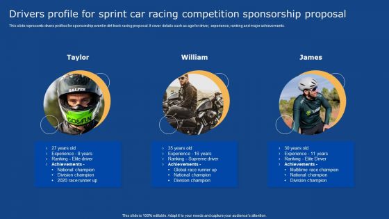 Drivers Profile For Sprint Car Racing Competition Sponsorship Proposal Infographics PDF