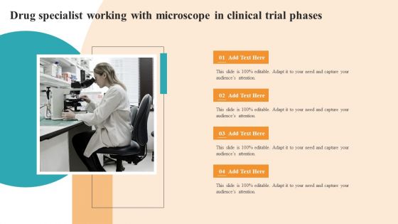 Drug Specialist Working With Microscope In Clinical Trial Phases Medical Research Phases For Clinical Tests Infographics PDF