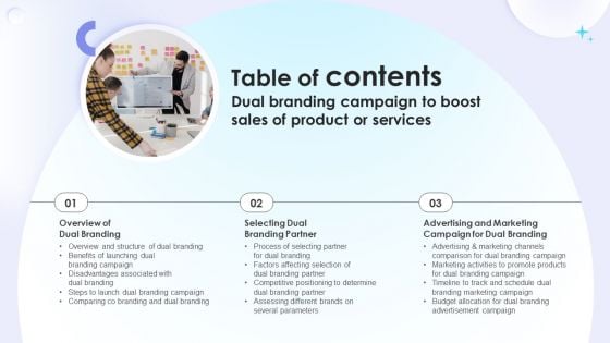 Dual Branding Campaign To Boost Sales Of Product Or Services Table Of Contents Dual Branding Campaign To Boost Brochure PDF Dual Branding Campaign To Boost Sales Of Product Or Services Table Of Contents Dual Branding Campaign To Boost Brochure PDF