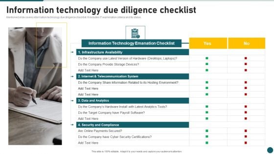 Due Diligence In Amalgamation And Acquisition Information Technology Due Diligence Checklist Infographics PDF Due Diligence In Amalgamation And Acquisition Information Technology Due Diligence Checklist Infographics PDF