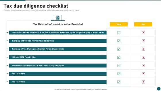 Due Diligence In Amalgamation And Acquisition Tax Due Diligence Checklist Portrait PDF