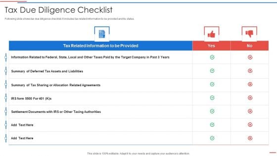 Due Diligence Process In Merger And Acquisition Agreement Tax Due Diligence Checklist Elements PDF