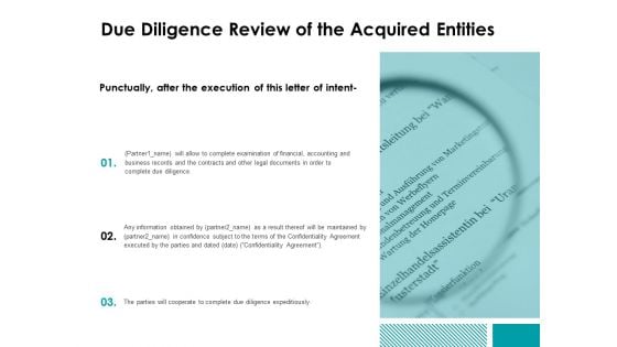 Due Diligence Review Of The Acquired Entities Ppt Powerpoint Presentation Pictures Graphics Example