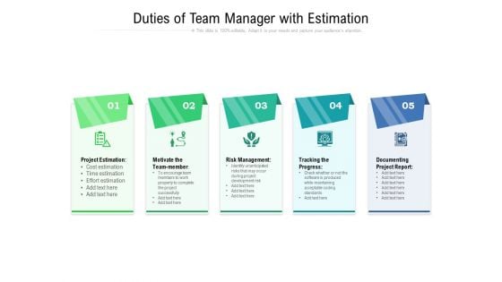 Duties Of Team Manager With Estimation Ppt PowerPoint Presentation Gallery Objects PDF