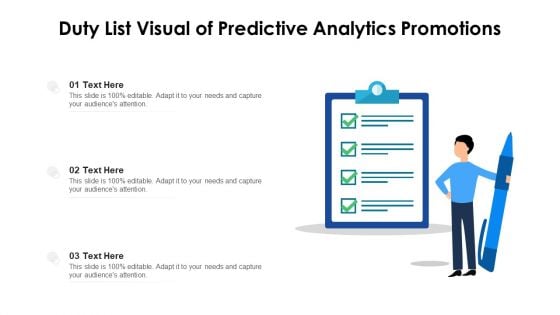 Duty List Visual Of Predictive Analytics Promotions Ppt PowerPoint Presentation Outline Layout Ideas PDF Duty List Visual Of Predictive Analytics Promotions Ppt PowerPoint Presentation Outline Layout Ideas PDF