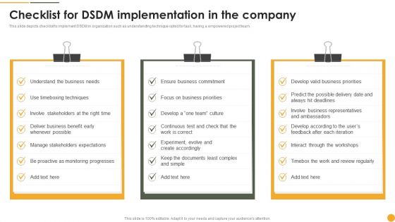 Dynamic Systems Development Approach Checklist For DSDM Implementation In The Company Themes PDF