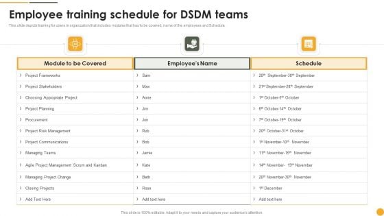 Dynamic Systems Development Approach Employee Training Schedule For DSDM Teams Demonstration PDF Dynamic Systems Development Approach Employee Training Schedule For DSDM Teams Demonstration PDF