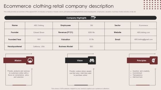 E Commerce Clothing Business Strategy Ecommerce Clothing Retail Company Description Guidelines PDF