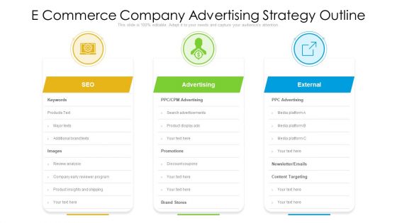 E Commerce Company Advertising Strategy Outline Ppt Model Slides PDF