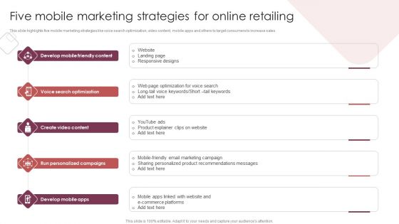 E Commerce Marketing Techniques To Boost Sales Five Mobile Marketing Strategies For Online Retailing Slides PDF