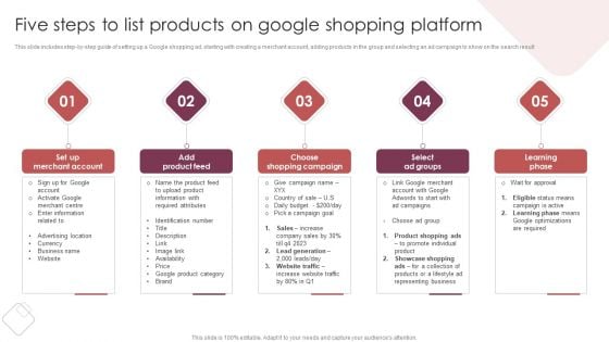 E Commerce Marketing Techniques To Boost Sales Five Steps To List Products On Google Shopping Platform Themes PDF
