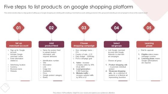 E Commerce Marketing Techniques To Boost Sales Five Steps To List Products On Google Shopping Platform Themes PDF E Commerce Marketing Techniques To Boost Sales Five Steps To List Products On Google Shopping Platform Themes PDF