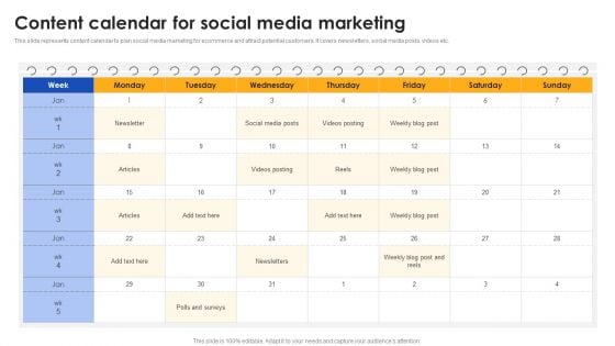 E Commerce Operations In B2b Content Calendar For Social Media Marketing Slides PDF