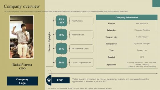 E Learning Platform Company Outline Company Overview Elements PDF