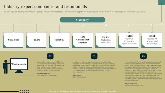E Learning Platform Company Outline Industry Expert Companies And Testimonials Elements PDF E Learning Platform Company Outline Industry Expert Companies And Testimonials Elements PDF