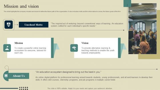 E Learning Platform Company Outline Mission And Vision Elements PDF