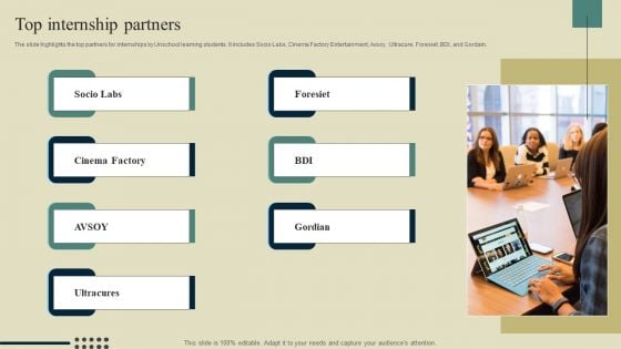 E Learning Platform Company Outline Top Internship Partners Slides PDF