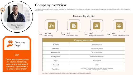 E Learning Platform Company Profile Company Overview Formats PDF