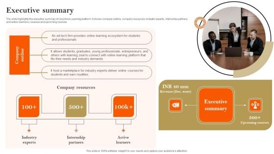 E Learning Platform Company Profile Executive Summary Topics PDF