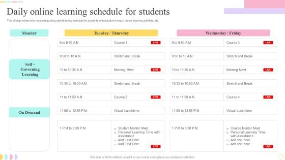 E Learning Playbook Daily Online Learning Schedule For Students Graphics PDF