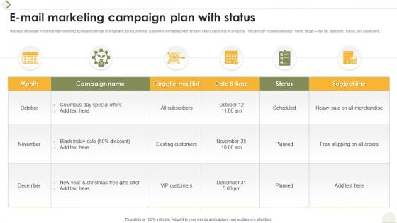 E Mail Marketing Campaign Plan With Status Ppt Outline Picture PDF