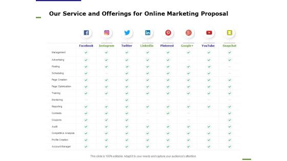 E Marketing Our Service And Offerings For Online Marketing Proposal Ppt Portfolio Example PDF