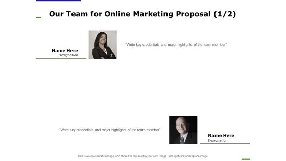 E Marketing Our Team For Online Marketing Proposal Highlights Ppt Summary Vector PDF