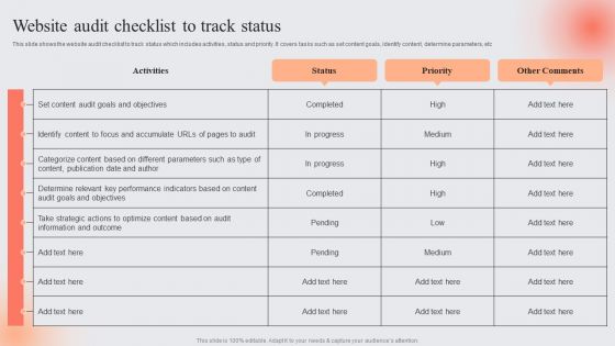 E Marketing Techniques To Boost Sales Website Audit Checklist To Track Status Professional PDF