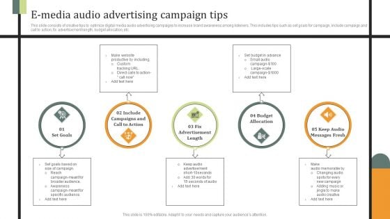 E Media Audio Advertising Campaign Tips Ppt PowerPoint Presentation File Information PDF