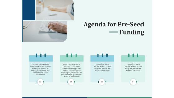 Early Stage Funding Agenda For Pre Seed Funding Ppt Portfolio Brochure PDF