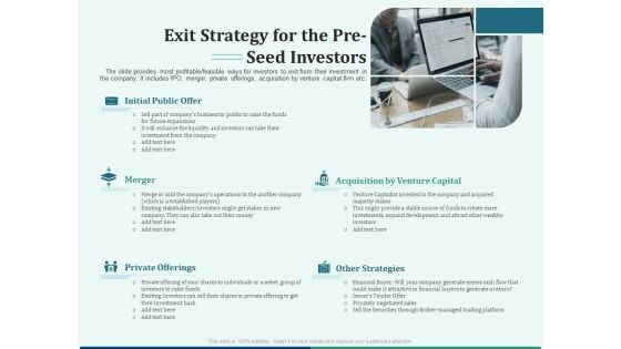 Early Stage Funding Exit Strategy For The Pre Seed Investors Ppt Infographic Template Diagrams PDF