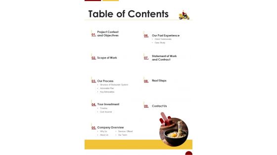 Eatery E Commerce Proposal Table Of Contents One Pager Sample Example Document