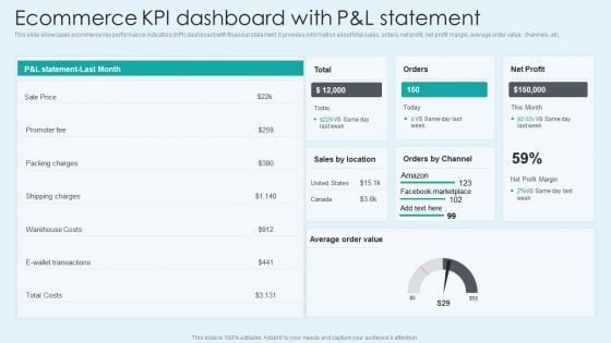 Ecommerce KPI Dashboard With Pand L Statement Download PDF