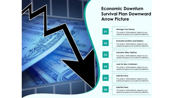 Economic Downturn Survival Plan Downward Arrow Picture Ppt PowerPoint Presentation Model Design Ideas PDF