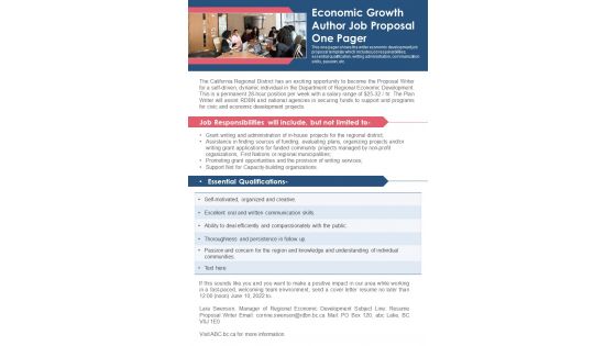 Economic Growth Author Job Proposal One Pager PDF Document PPT Template