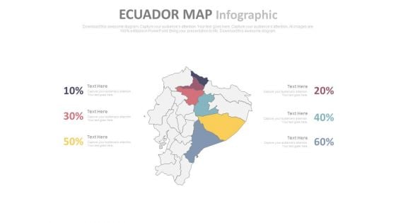 Ecuador Map With Six Different Locations And Percentage Values Powerpoint Slides