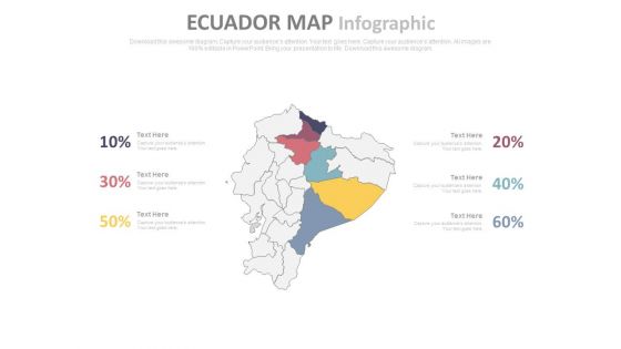 Ecuador Map With Six Different Locations And Percentage Values Powerpoint Slides