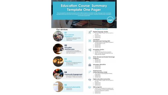 Education Course Summary Template One Pager PDF Document PPT Template