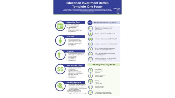 Education Investment Details Template One Pager PDF Document PPT Template