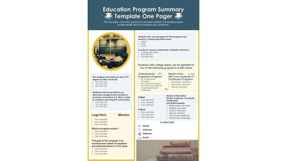 Education Program Summary Template One Pager PDF Document PPT Template