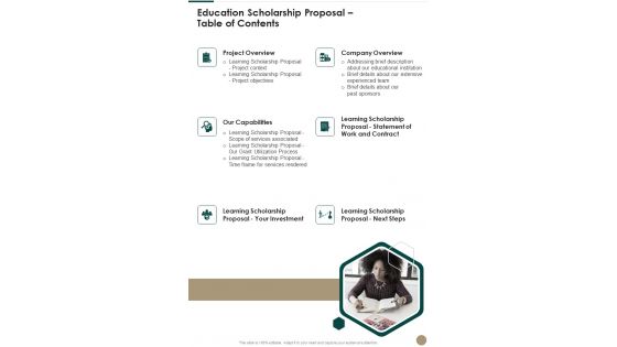 Education Scholarship Proposal Table Of Contents One Pager Sample Example Document