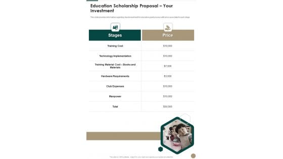 Education Scholarship Proposal Your Investment One Pager Sample Example Document