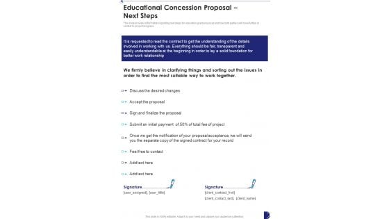 Educational Concession Proposal Next Steps One Pager Sample Example Document