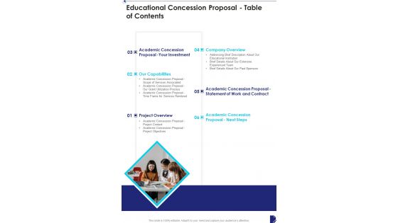 Educational Concession Proposal Table Of Contents One Pager Sample Example Document