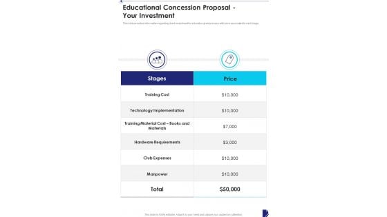 Educational Concession Proposal Your Investment One Pager Sample Example Document