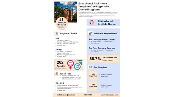 Educational Fact Sheets Template One Pager With Offered Programs PDF Document PPT Template