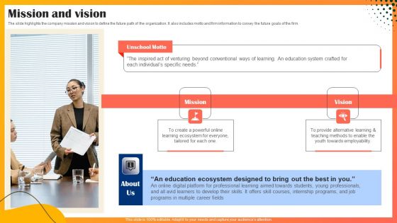 Educational Technology Company Outline Mission And Vision Mockup PDF